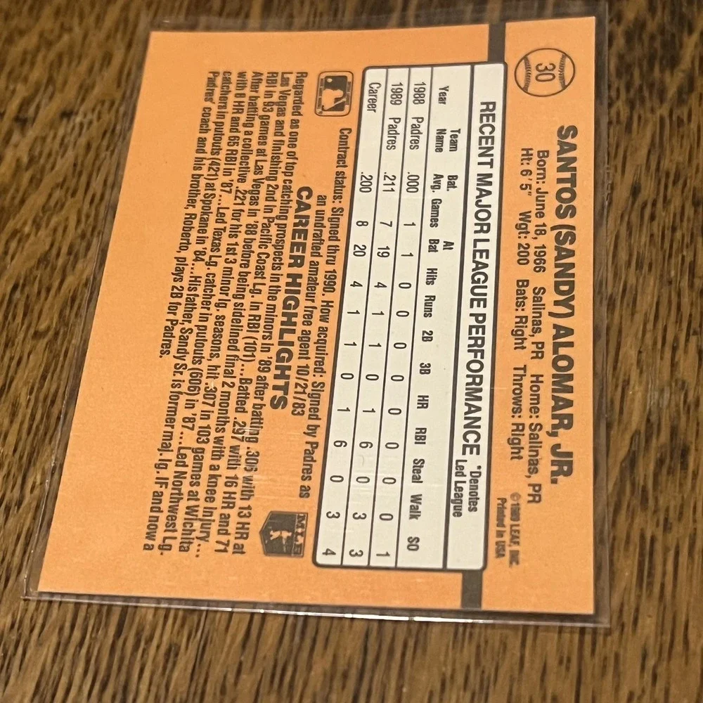 Vintage 1990 Donruss  #30 Sandy Alomar Jr Rated Rookie Error Card BB2